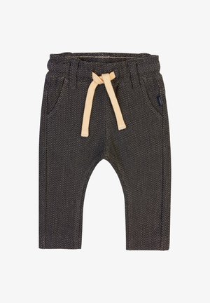 Donkergrijze herringbone jogpants met elastische tailleband, beige trekkoord, zijzakken en een ontspannen pasvorm bij de enkels.