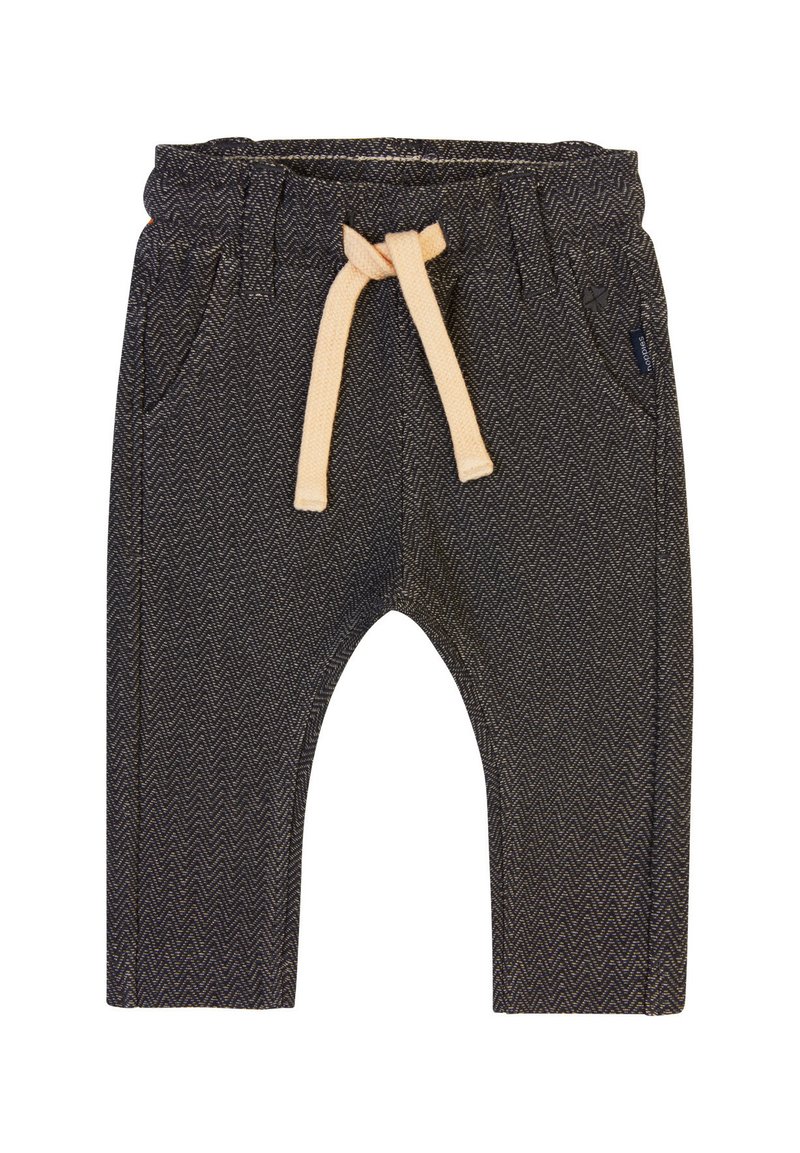 Donkergrijze herringbone jogpants met elastische tailleband, beige trekkoord, zijzakken en een ontspannen pasvorm bij de enkels.