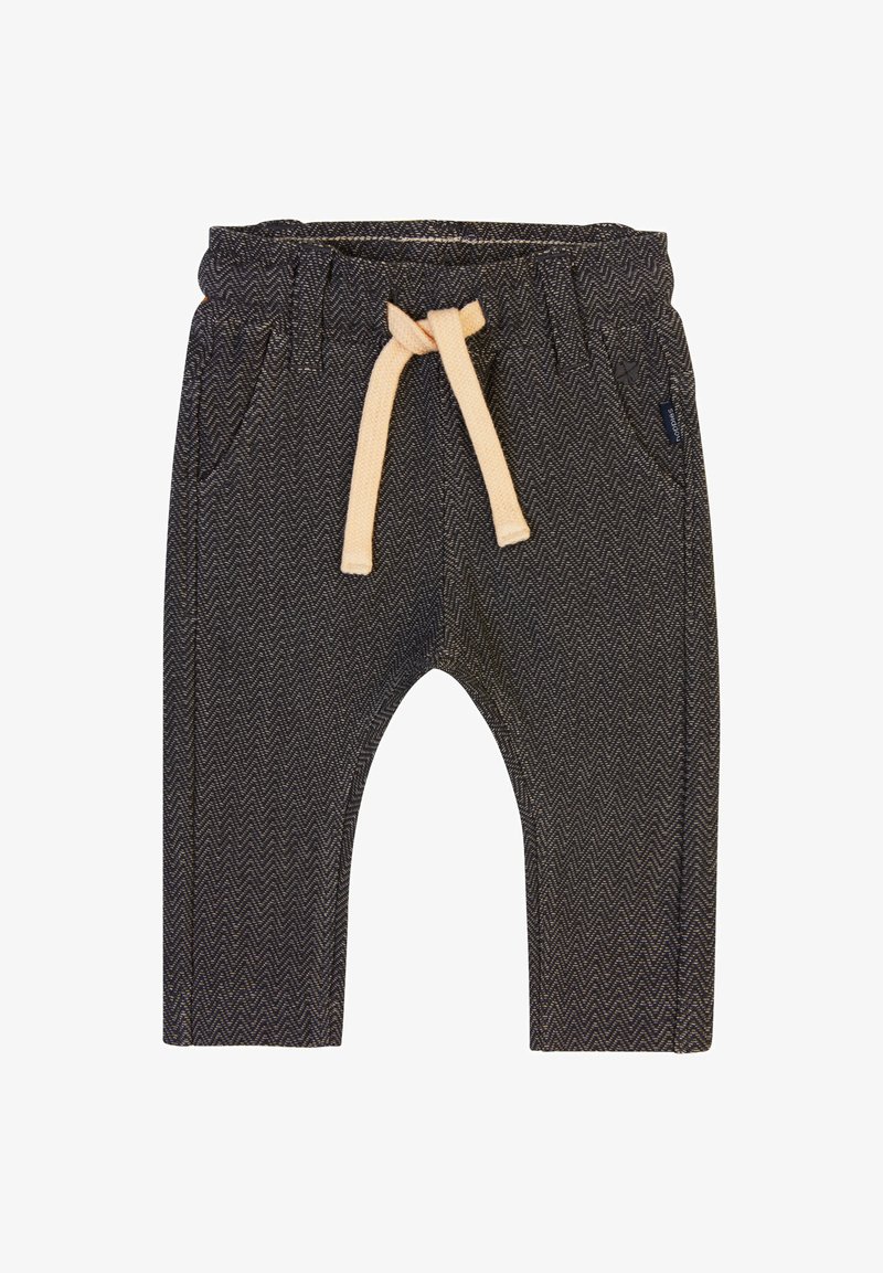 Donkergrijze herringbone jogpants met elastische tailleband, beige trekkoord, zijzakken en een ontspannen pasvorm bij de enkels.
