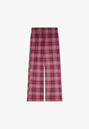 Pantaloni a quadri in tonalità di bordeaux e rosa, realizzati in un tessuto morbido con una vestibilità comoda, dotati di una vita elasticizzata e gambe dritte.
