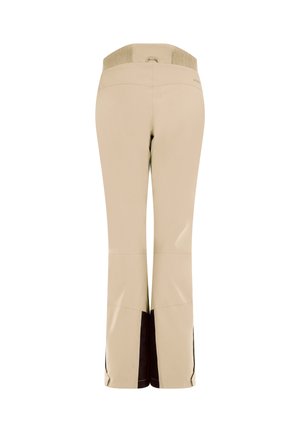 Beige Outdoor-Hosen mit dunkleren verstärkten Einsätzen an den inneren Unterschenkeln und einem strukturierten elastischen Bund, von hinten gezeigt.