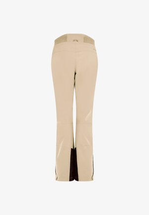 Beige Outdoor-Hosen mit dunkleren verstärkten Einsätzen an den inneren Unterschenkeln und einem strukturierten elastischen Bund, von hinten gezeigt.