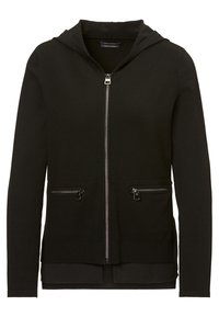 Black zip-up hoodie with a hood, featuring two front zippered pockets, a smooth texture, and a fitted design.