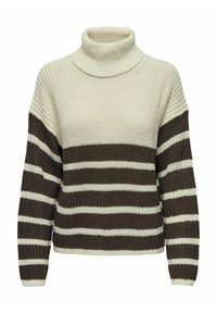 Maglione a collo alto a righe crema e marrone con vestibilità ampia, texture lavorata a maglia e strisce orizzontali a contrasto di larghezze differenti.