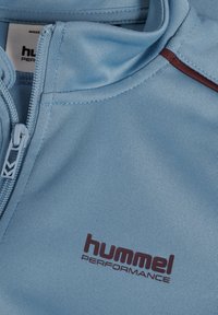 Jasnoniebieski sportowy top zapinany na zamek, wykonany z gładkiego materiału. Posiada ciemnofioletowe logo oraz kontrastujące akcenty w szwie.