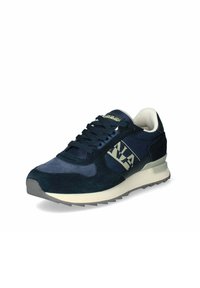 Sneaker blu navy con un mix di suede e tessuto, caratterizzato da una superficie testurizzata, punta tonda e una suola intermedia color crema. Decorato con dettagli del logo.