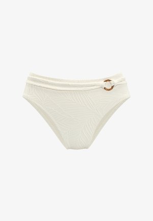 Slip bikini bianco con motivo a foglia testurizzato, caratterizzato da un design annodato e da un dettaglio rotondo in metallo contrastante sul lato.