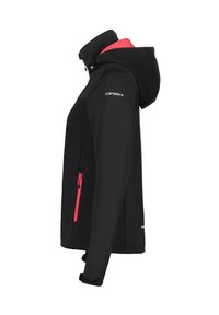 Chaqueta negra con forro de capucha rosa, que cuenta con un bolsillo con cremallera y puños ajustables. Fabricada con material resistente a las inclemencias del tiempo.