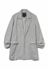 Blazer gris de tejido con un ajuste ligeramente holgado, solapas con muesca y mangas con puños, que cuenta con bolsillos frontales con solapa y un forro interior suave.