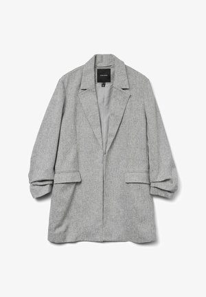 Šedý tkaný blazer s mírně oversize střihem, klopami a manžetami s ohrnutím, obsahující přední klopové kapsy a hladké vnitřní podšití.