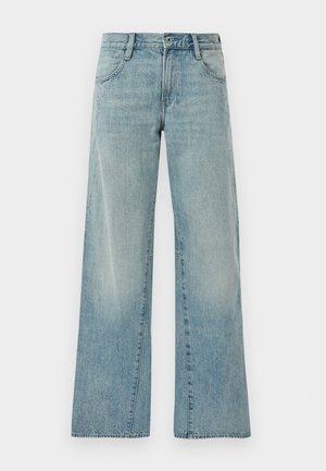 Világoskék, magas derekú, bő szárú farmernadrág elülső zsebekkel, övhurkokkal és gombos záródással.