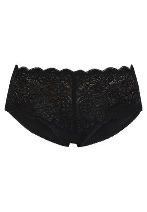 Černé krajkové spodní prádlo s vlnitým pasem a květinovým vzorem, s hladkou tkaninou uvnitř pro pohodlí.