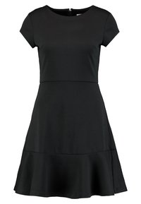 Czarna sukienka z krótkim rękawem, dopasowanym topem, rozkloszowanym dołem i gładką fakturą. Posiada zamek z tyłu oraz jednolitą kolorystykę.