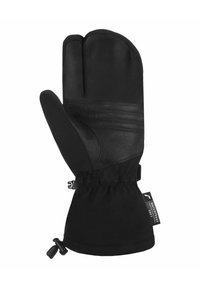 Schwarze Handschuhe mit Lederhandfläche und weichem Stoffkörper, mit einem gerafften Handgelenk und einem verstellbaren Zugband für einen sicheren Sitz.