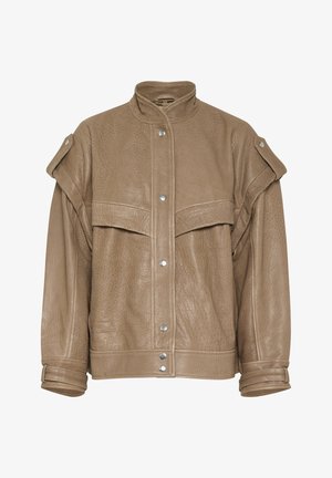 Brown leather jacket with a textured finish, stand collar, oversized front pockets, and silver snap buttons. Features rolled sleeves.