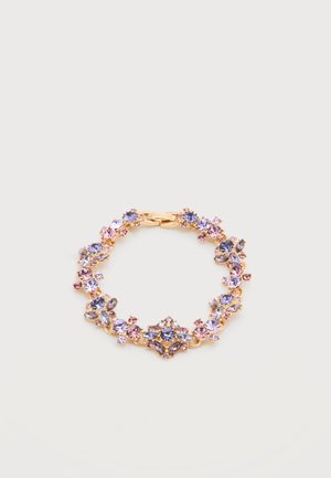 Bracelet en or avec des grappes de pierres précieuses roses, violettes et lavande disposées en formes florales et rondes, avec une fermeture à fermoir.