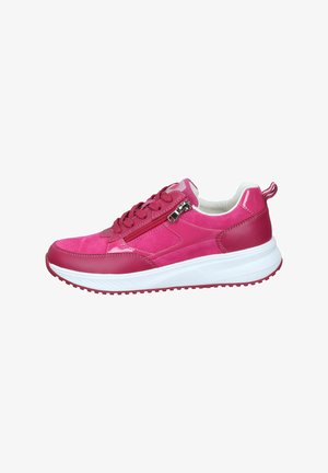 Pink athletic sneaker featuring a combination of smooth and textured suede materials, a white sole, and decorative zipper on the side.