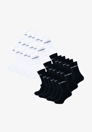 Pack of 12 socks: 6 white and 6 black. Ribbed tops, reinforced heels, and toes with "O'Neill" logo in contrasting color. Stretch cotton fabric.