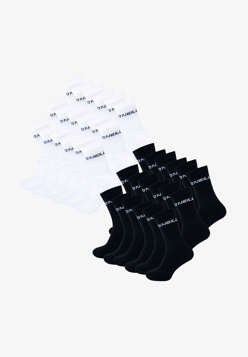 Verpakking van 12 sokken: 6 witte en 6 zwarte. Geribbelde bovenkanten, verstevigde hielen en neuzen met het "O'Neill" logo in contrasterende kleur. Rekbare katoenstof.