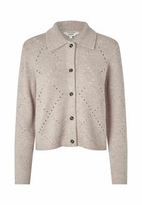 Világos bézs színű, kötött kardigán galléros nyakkivágással, gombos zárral és rombuszmintás díszítéssel. Hosszú ujjú, bordázott szegéllyel.