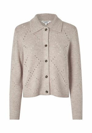 Light beige knitted cardigan with a collared neckline, button closure, and diamond pattern accents. Features long sleeves and ribbed hem.