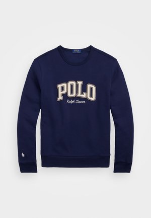 Marineblauwe sweatshirt met een groot "POLO" logo in beige en tekst "Ralph Lauren", geribbelde halslijn en klein geborduurd logo op de mouw.
