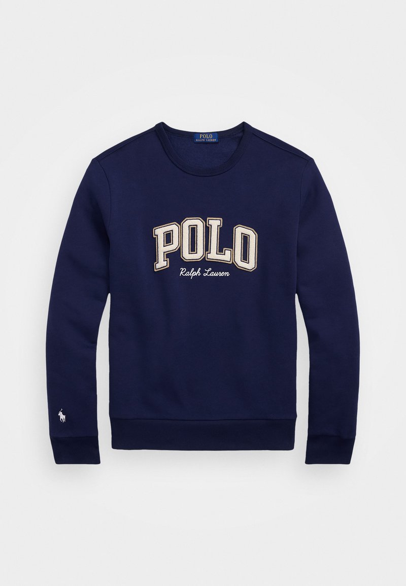 Tumesinine dress, millel on suur beež "POLO" logo ja "Ralph Lauren" tekst, ribitud kaelus ning väikene tõmmatud logo särgil.