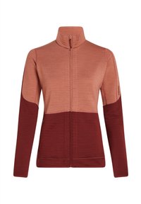 Chaqueta de forro polar con cuello alto, que presenta un degradado de color rosa empolvado y burdeos. Cremallera de longitud completa y mangas largas con acentos en contraste.