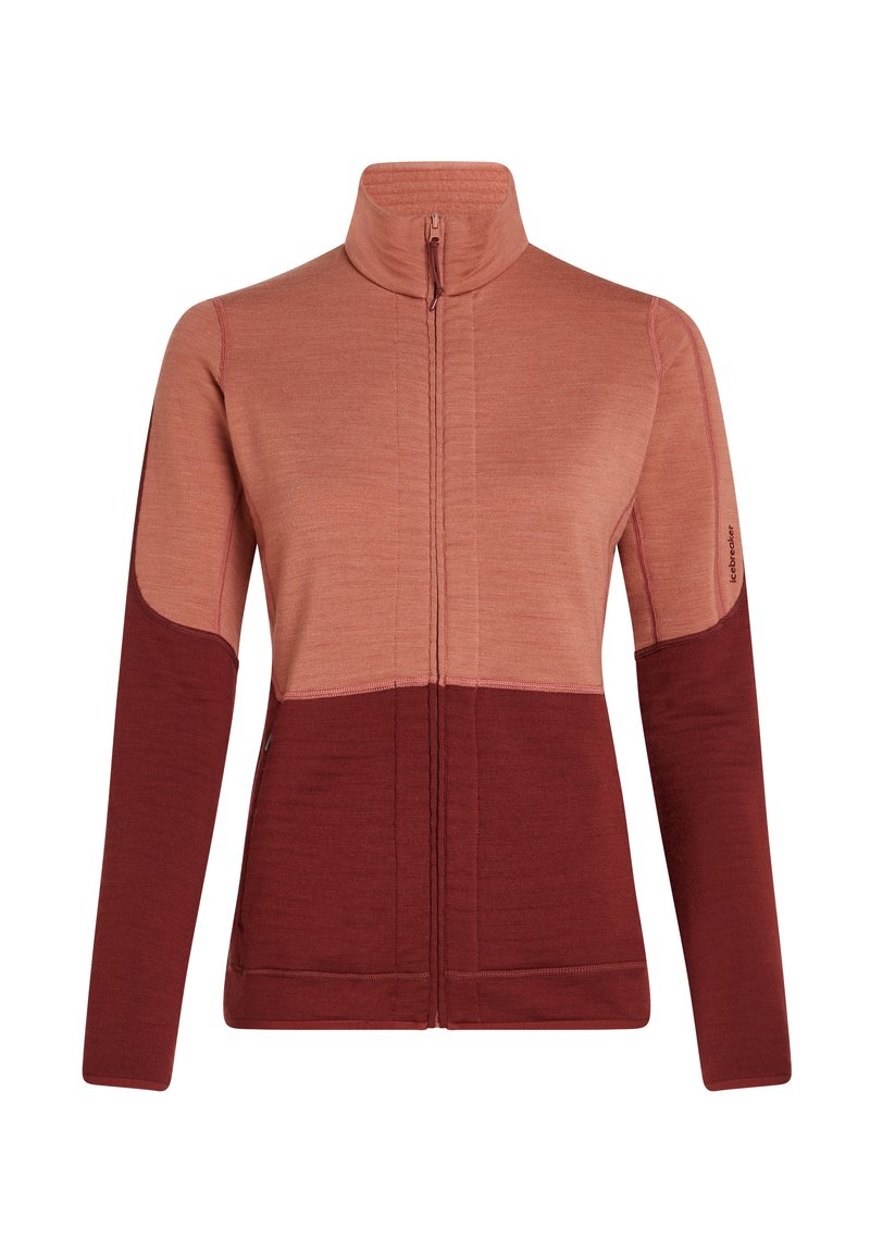 Fleece-Jacke mit hohem Kragen, ausgestattet mit einem Farbverlauf von staubigem Rosenholz zu Burgunderrot. Reißverschluss über die volle Länge und lange Ärmel mit kontrastierenden Akzenten.