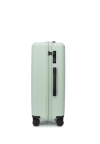 Mint green hard-shell suitcase with vertical ridges, combination lock, top handle, and four black rolling wheels for mobility.