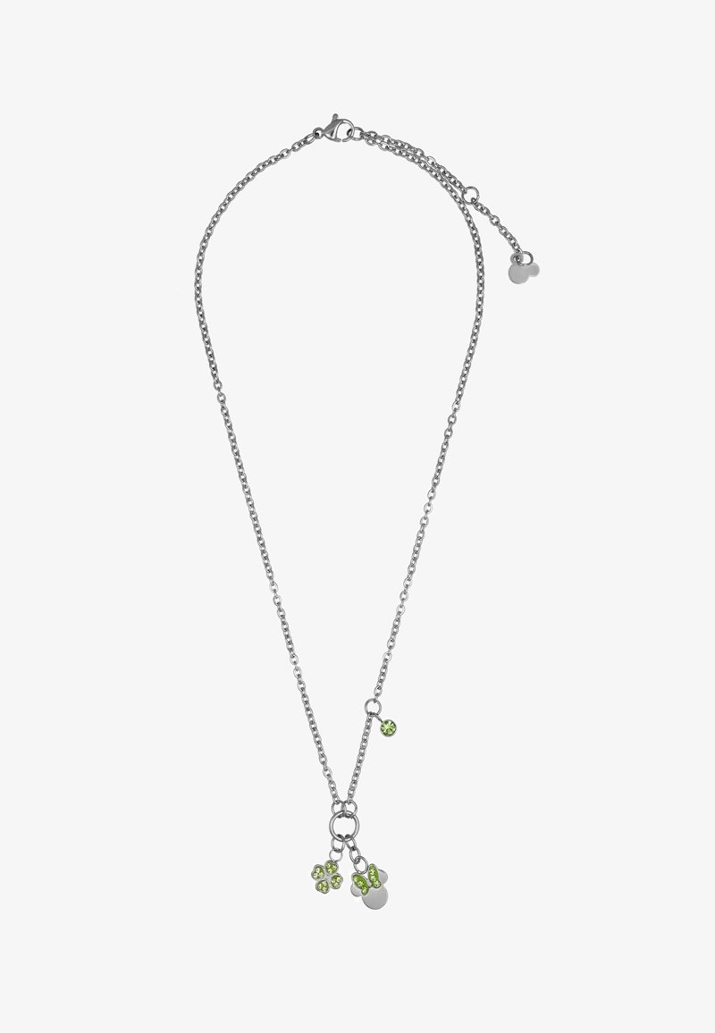 Zilveren ketting met groene kristallen in bloemvorm, met twee decoratieve bedels en een kleine accentpendant. Strak, modern ontwerp.