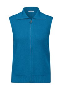 Bezrukávý tyrkysový pletený svetr s límcem, plným předním zipem a designem se žebrovaným lemem. Hladká textura s jemným žebrováním.