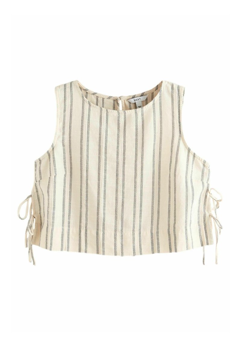 Crèmekleurig cropped top met verticale blauwe strepen, voorzien van een ronde halslijn en strikdetails aan de zijkant. Gemaakt van een lichtgewicht stof.