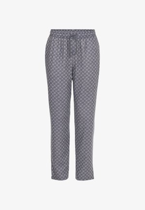 Šedé vzorované kalhoty s elastickým pasem, vybavené šňůrkou a geometrickým designem v světlejší barvě. Hladká tkanina se rovnými nohavicemi.