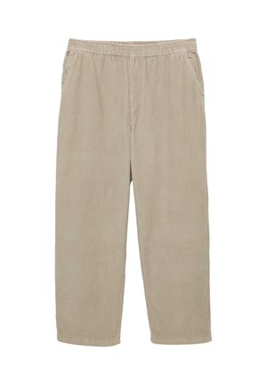 Světle béžové kordové kalhoty s elastickým pasem, bočními kapsami a volným střihem; texturovaná tkanina s vertikálními pruhy.