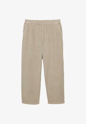 Svetlo bež žametne hlače z elastiko v pasu, stranskimi žepki in sproščenim krojem; teksturirana tkanina s vertikalnimi rebrami.