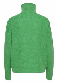 Grüner Strickpullover mit hohem Kragen, lockerer Passform, gerippten Bündchen und strukturierter Oberfläche. Rückansicht.