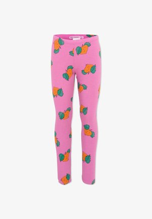 Leggings roses pour enfants avec un motif répétitif de visages d'orange agrémentés de feuilles vertes.