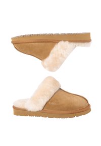 Tan suede slippers with plush cream fur lining, slip-on design, rubber sole with textured grip, featuring stitched detailing and branded logo.
