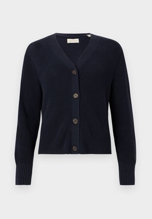 Navy blue knitted cardigan with V-neck, long sleeves, ribbed cuffs, and four dark buttons down the front.