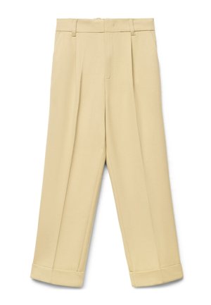 Pantalon beige droit avec plis devant, passants pour ceinture, fermeture éclair et ourlets retroussés.