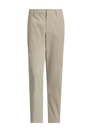 Beige slim-fit men's trousers with front button and zip closure, belt loops, and straight legs.