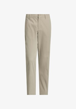 Beige slim-fit men's trousers with front button and zip closure, belt loops, and straight legs.