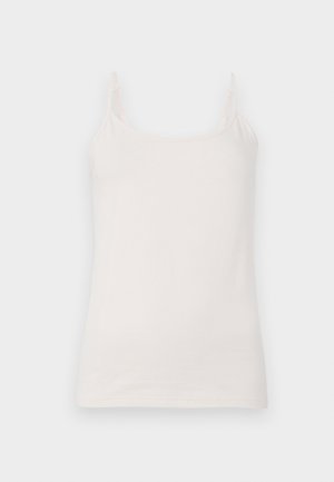 Lys beige camisole med tynde stropper, lavet af blødt stof. Simpelt design, let tætsiddende, med en rund halsudskæring og uden mønstre.