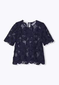 Top en dentelle bleu marine avec des motifs floraux et en mesh, manches courtes et un dos en forme de serrure. Tissu texturé et léger.
