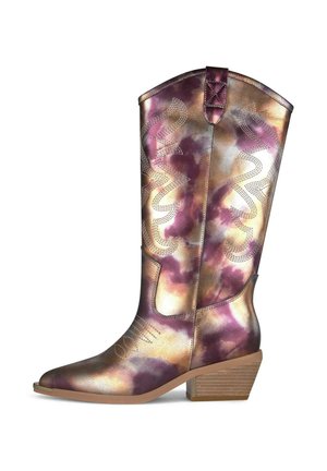 Metalen gouden en paarse puntige cowboylaars met gestikte decoratieve patronen en een gestapelde houten hak.