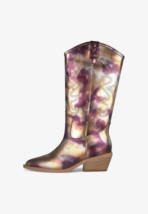 Metalen gouden en paarse puntige cowboylaars met gestikte decoratieve patronen en een gestapelde houten hak.