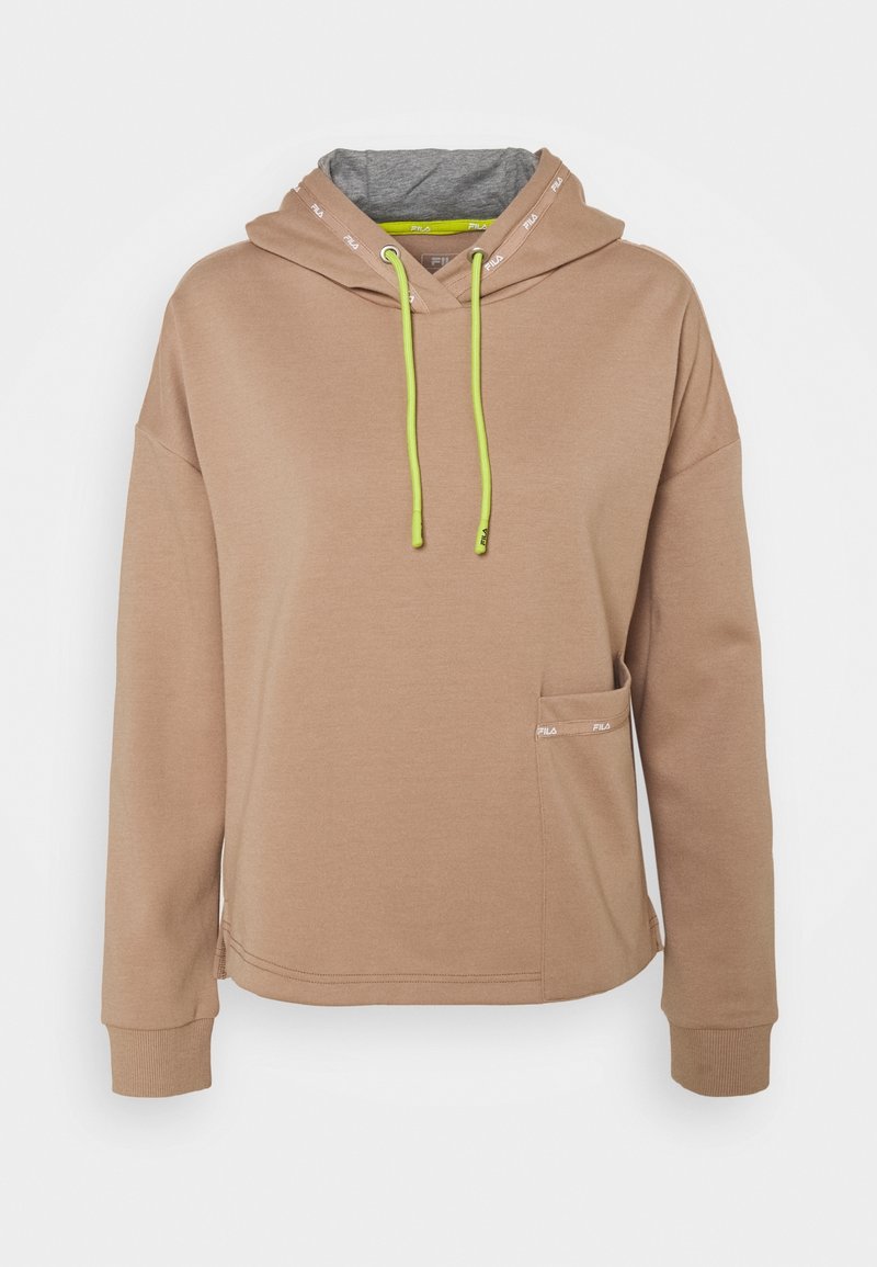 Sweat à capuche beige avec doublure de capuche grise, cordons jaunes néon, manches longues, poignets côtelés et petite poche avant avec logo Fila.
