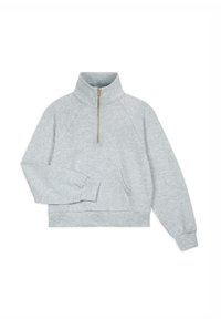 Grå kortärmad sweatshirt med hög krage, guldfärgad dragkedja och raglanärmar; mjuk textur med en kenguruficka fram.