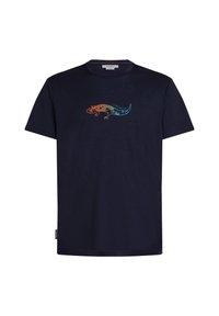 Navy blue cotton T-shirt featuring a gradient lizard graphic in orange and teal, with "Icebreaker" text above the design. Round neckline.